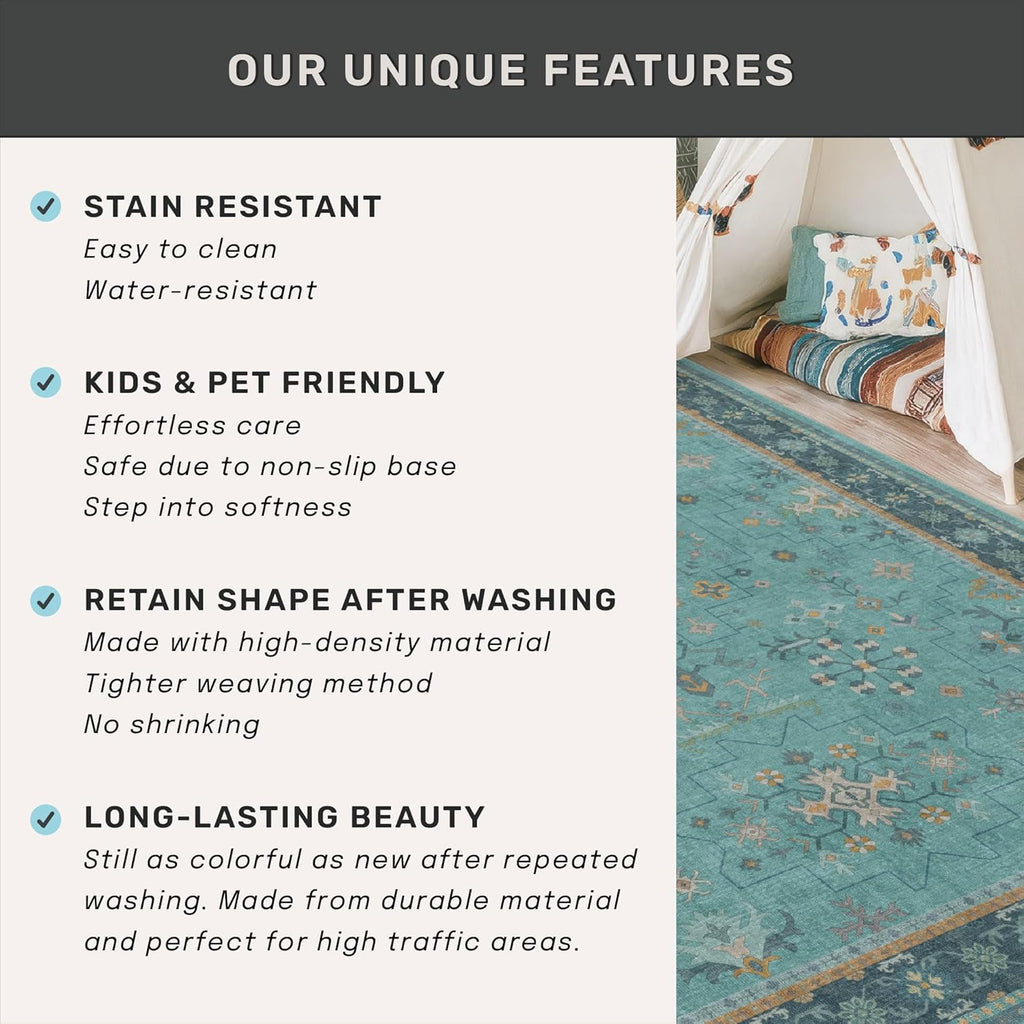 Regine Switzerland Washable Teal Rug - Modern Floral Low-Pile Non-Skid Carpet | 5x8 Size for Living Room & Bedroom