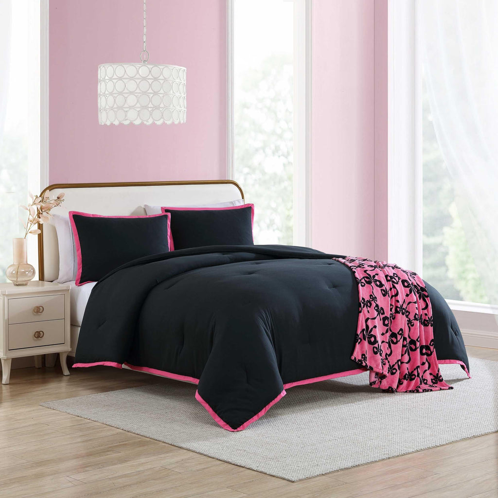 Betsey Johnson - Twin Comforter Set, Bedding Set with Matching Sham & Bonus Soft Throw, Dorm Essentials (Signature Hotel Solid Black)