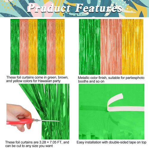 Hawaiian Party Decorations - 12 Pack Luau Backdrop Fringe Curtains | Metallic Summer Decor, 3.28 FT x 7.05 FT
