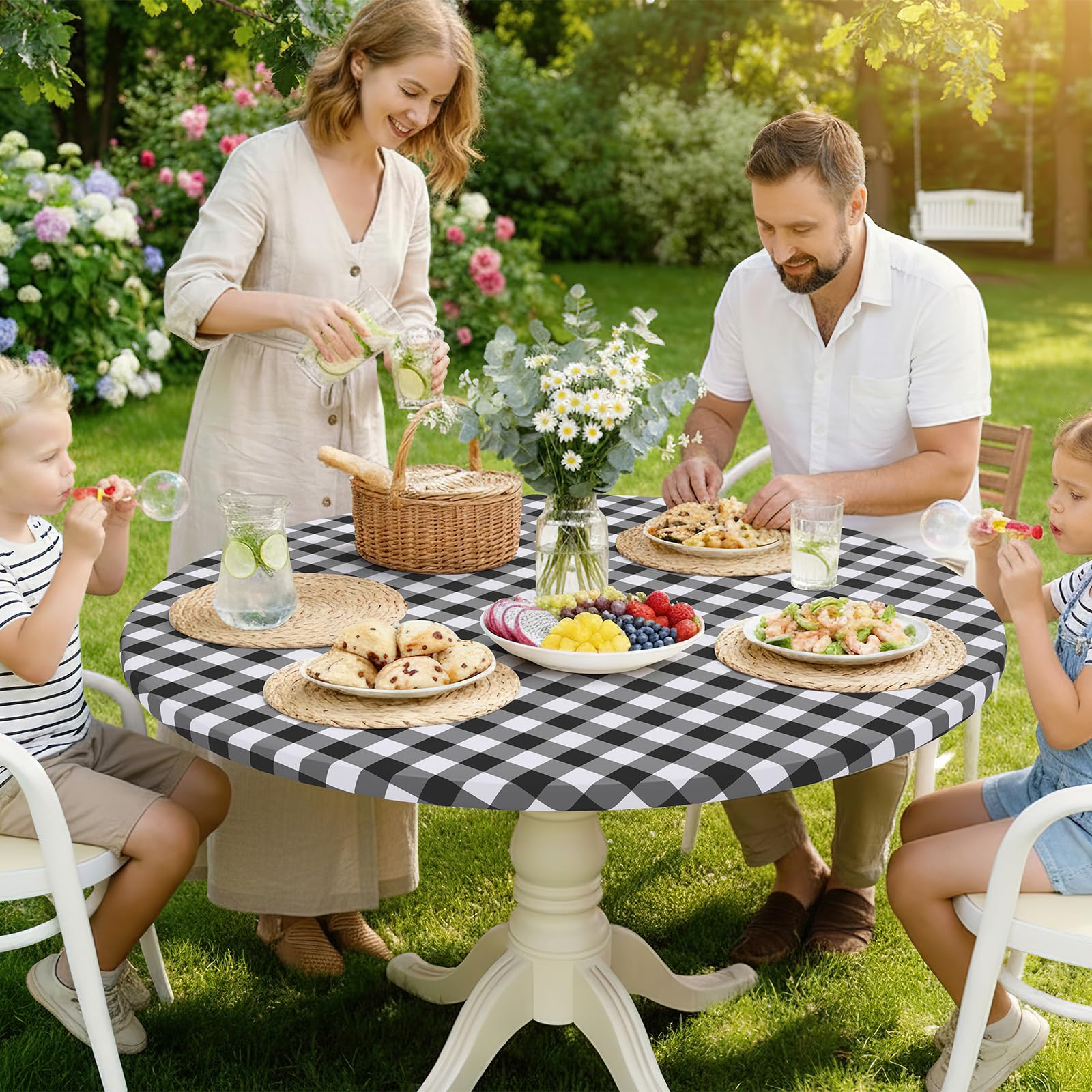 Smiry Round Picnic Tablecloth, Elastic Waterproof Fitted Vinyl Tablecloths for 57"-68" Tables, Flannel Backed Buffalo Plaid Table Cover for Dining, Camping, Outdoor, Black and White