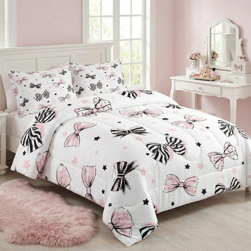 Feelyou Girls Pink Bow Comforter Set Twin Size Cute Bowknot Bedding Set for Kids Dreamy Princess Style Duvet Quilt Coquette Bow Room Decor 2 Pcs with 1 Pillow Cases Aesthetic Bed