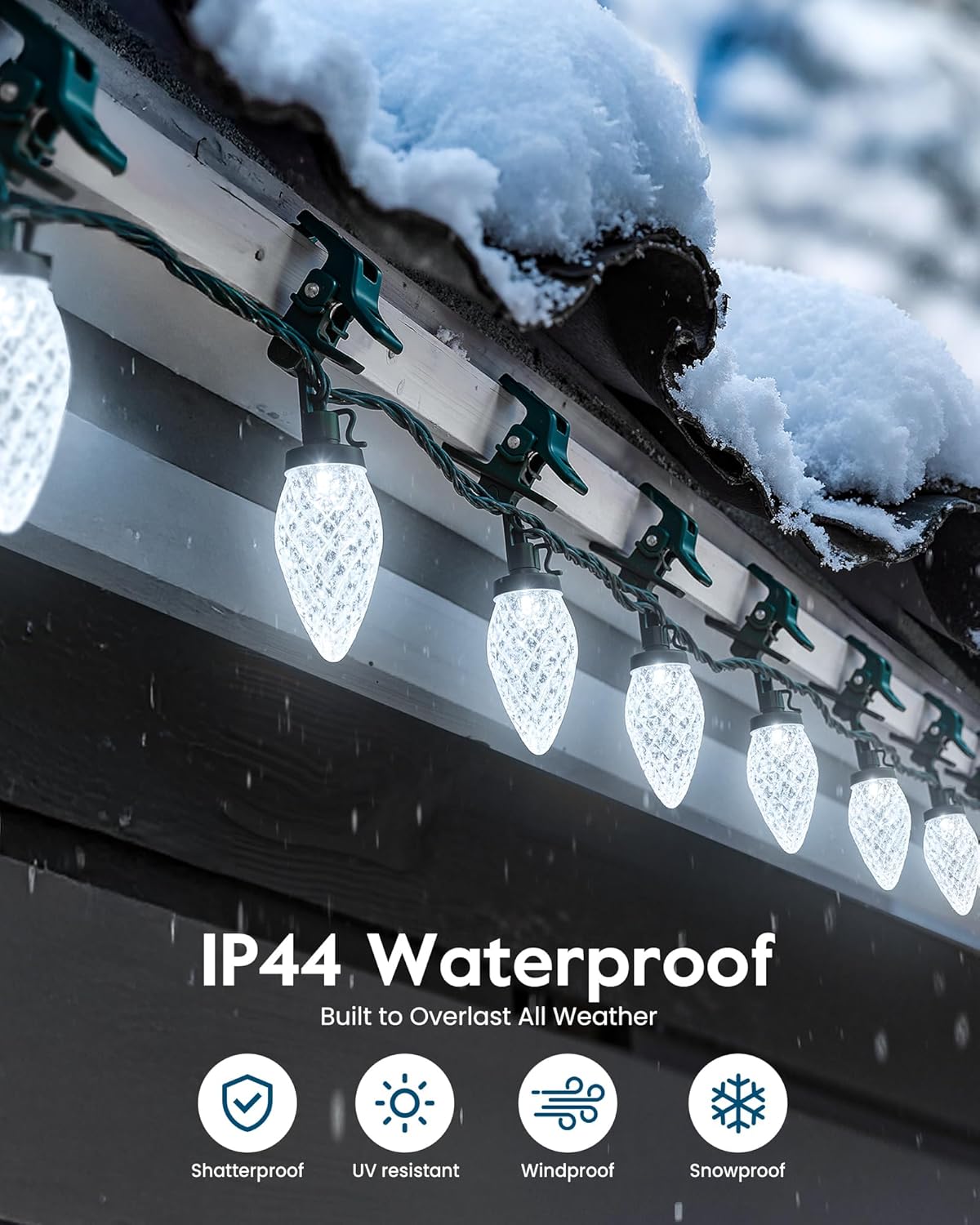 C9 Christmas Lights - 100 LED Waterproof String Lights for Outdoor Use | 65FT with 100 Spring Clips