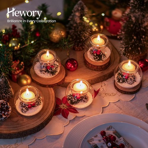 Hewory Christmas Tealight Candle Holders - Set of 6 Glass Holders with Red Berry & Pinecone Decor | Holiday Table Centerpieces