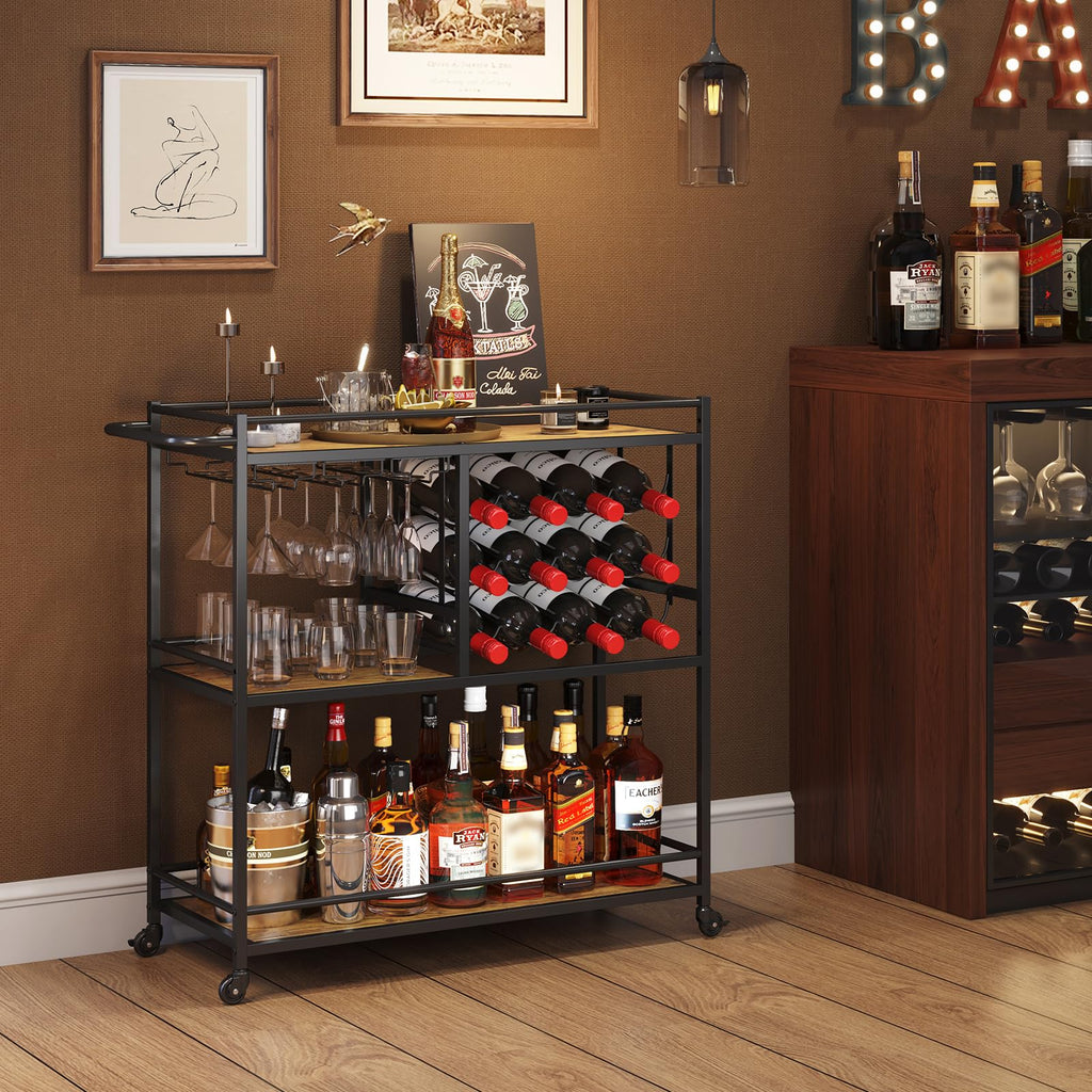 Lifewit Bar Cart for The Home, 3 Tier Drink Cart with Lockable Wheels, 12 Wine Rack and 3 Rows Glass Holders, Liquor Serving Cart for Livingroom, 80 x 33.2 x 86 cm/31.6 x 13.1 x 33.9 inch Rustic Brown