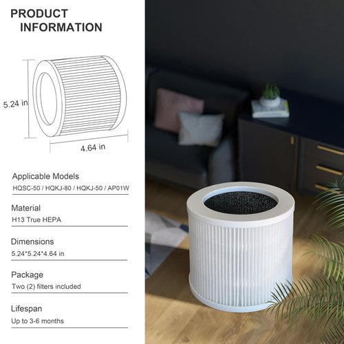 A1 Replacement Filter, Compatible with Vewior A1 Air Purifier HQSC-50, HQKJ-80 and AMEIFU AP01W, KOIOS HQKJ-50 Air Purifier, 3-in-1 True HEPA Replacement, H13 True HEPA fILTER, 2-PACK