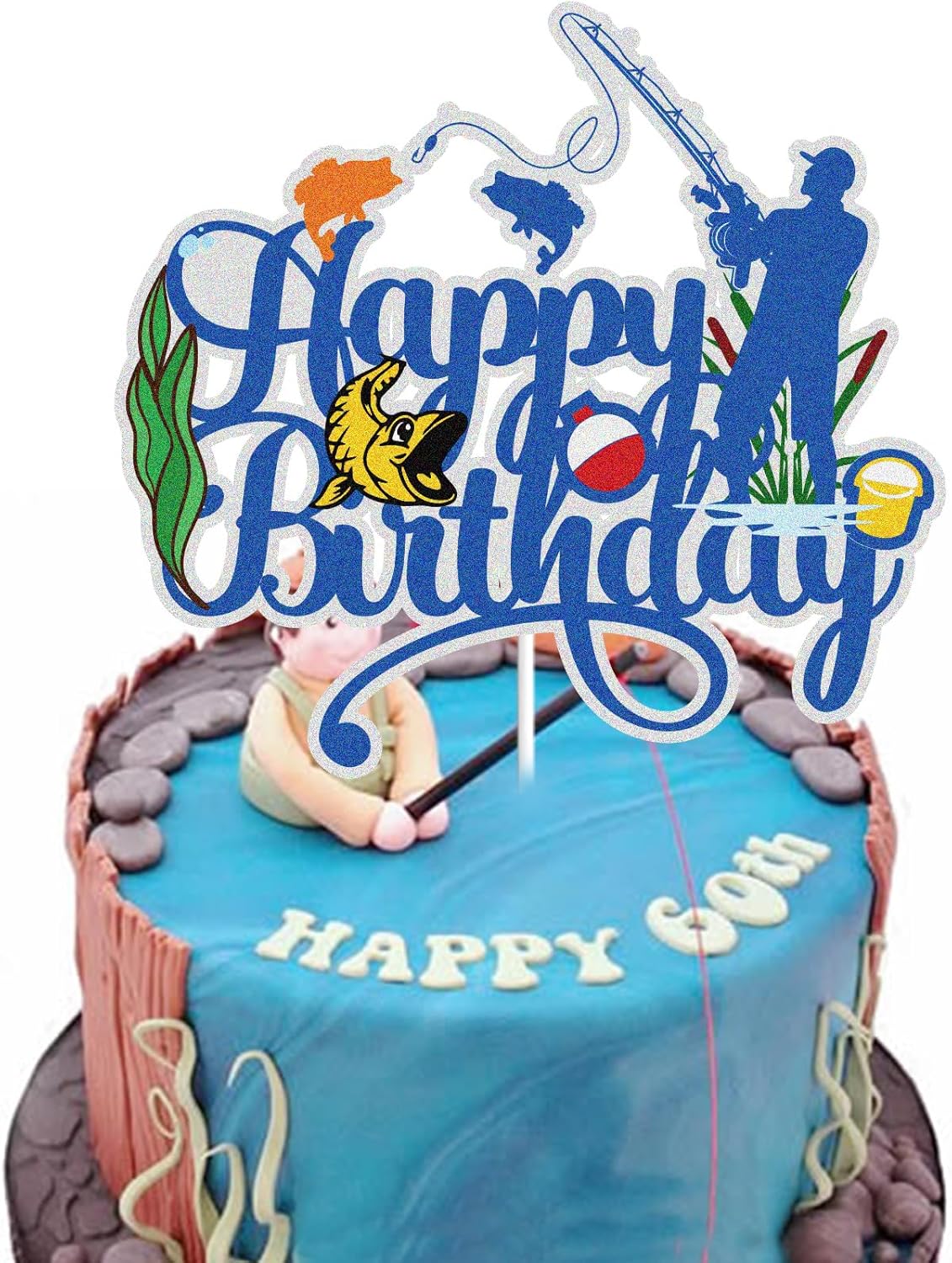 Regine Switzerland Happy Birthday Cake Topper - Blue Glitter Fisherman Design for Kids