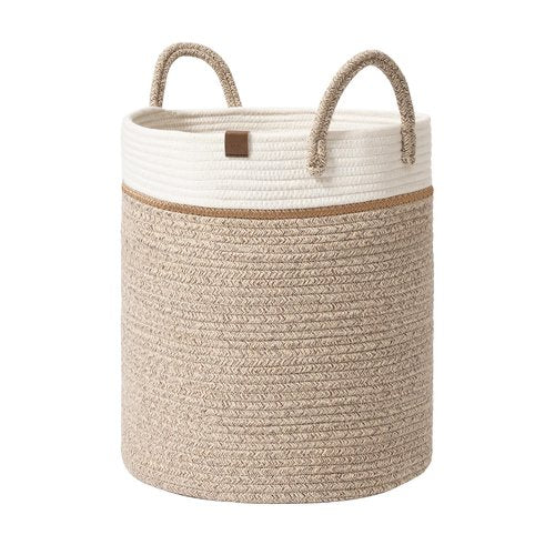 LA JOLIE MUSE Woven Basket Rope Storage Baskets - Tall Cotton Basket 16 x 14 x 14 Inches, Laundry Basket for Blanket, Kids Toy, Nursery Clothes Hamper Basket White & Desert