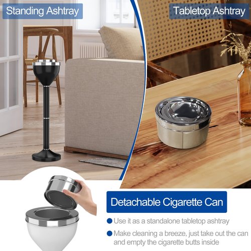 RELIANCER Floor Standing Ashtray w/Lid,Adjustable 16" - 31.5" Cigarette Ash Tray,Outdoor Stainless Steel Cigar Container Ash Holder w/Weighted Base,Cigarette Butt Receptacle Disposal for Home Garden