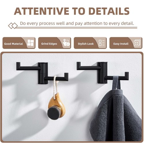 Suyar Double Towel Hook Matte Black, SUS 304 Stainless Steel Heavy Duty Wall Hook for Bathroom, Swivel Coat Holder, Towel Hanger with 2 Foldable Arms, 2 Pack