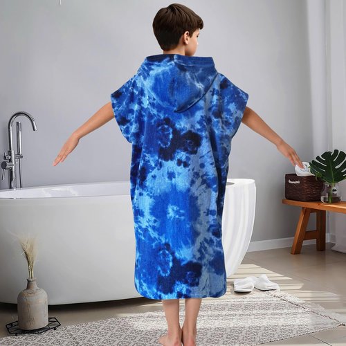 VOOVA & MOVAS Hooded Towels for Teens (8-14 Years,36"X26") | 100% Cotton Poncho Towel for Big Kids & Boys | Large Absorbent Towel Robe for Pool, Bath, Swim | Blue Tie Dye Design