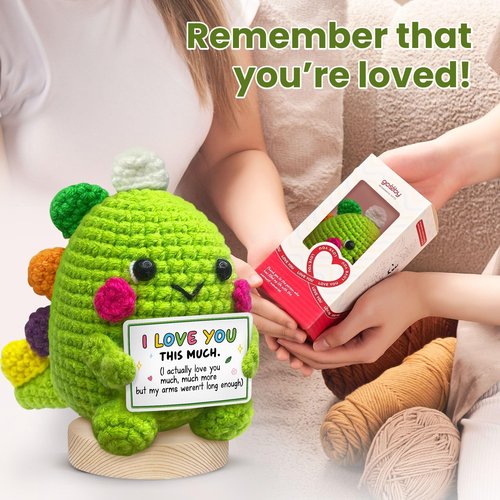 Gossby Valentines Day Gift for Wife Husband Boyfriend Girlfriend - Handmade Positive Dinosaur Crochet - Romantic Anniversary, Christmas, Birthday Couple Gift for Him Her - I Love You This Much