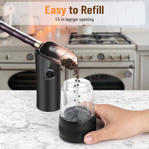 Veiliss 2pcs Electric Salt and Pepper Grinder Set With Battery Display Rechargeable Base, External Adjustable Coarseness, Automatic Ceramic Salt & Pepper Shakers Mills (Black Pro)