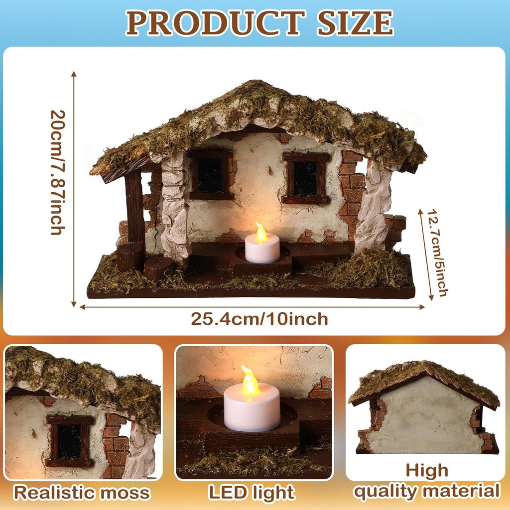 Barydat Christmas Nativity Creche - Realistic Resin Manger with Moss Roof | 10 x 7.87 x 5 Inches