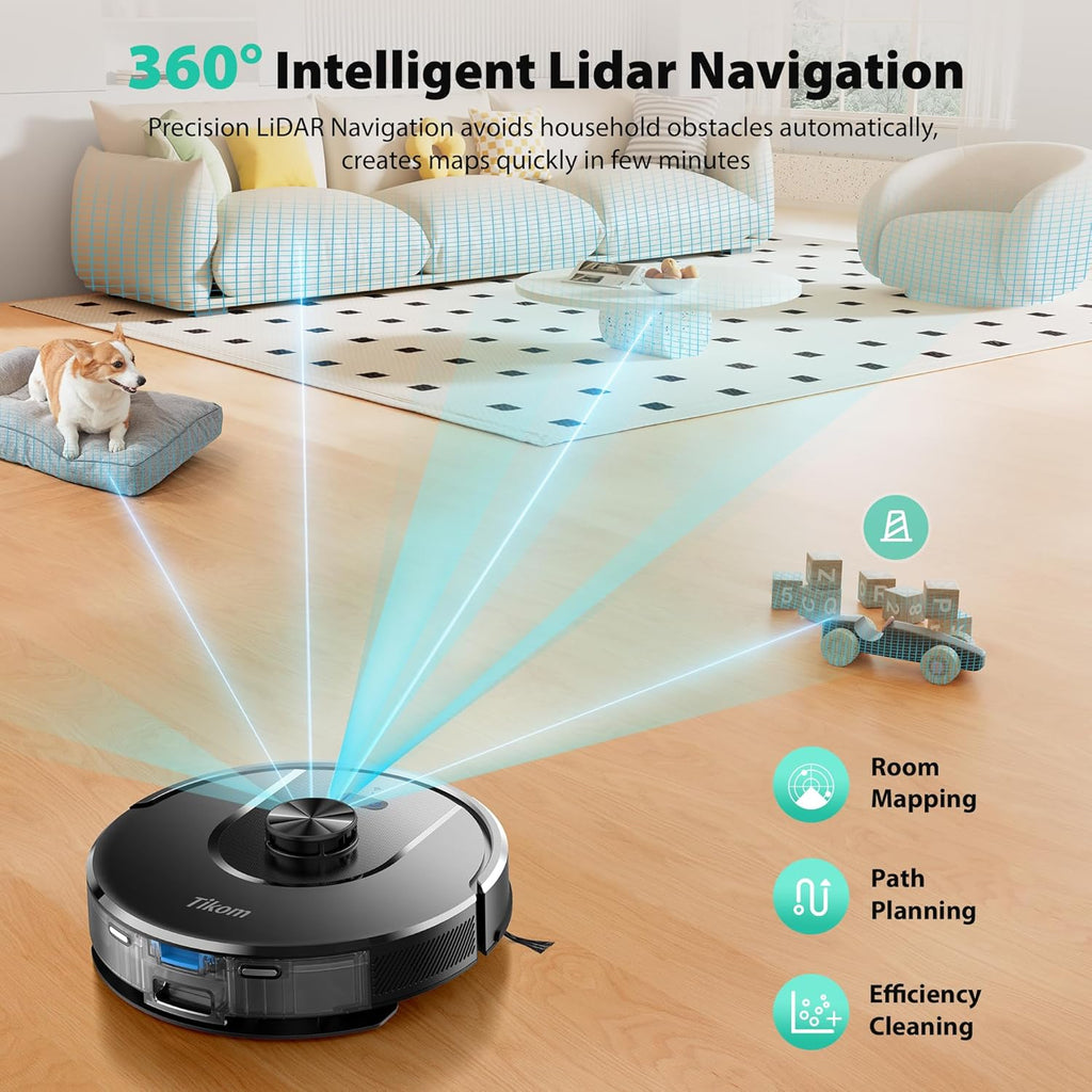 Tikom Robot Vacuum - 6000Pa Self-Emptying Robotic Cleaner with LiDAR Navigation | Ideal for Pet Hair & Carpets (L8000 Plus)