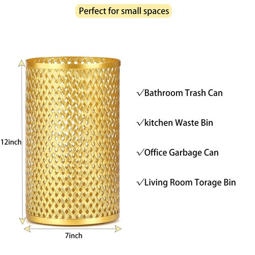 Wenbery Small Gold Trash Can for Bathroom, Metal Garbage Can for Offices, Decorative Hollow-Out Garbage Can Waste Paper Bin, 7" W X 7" L X 12" H