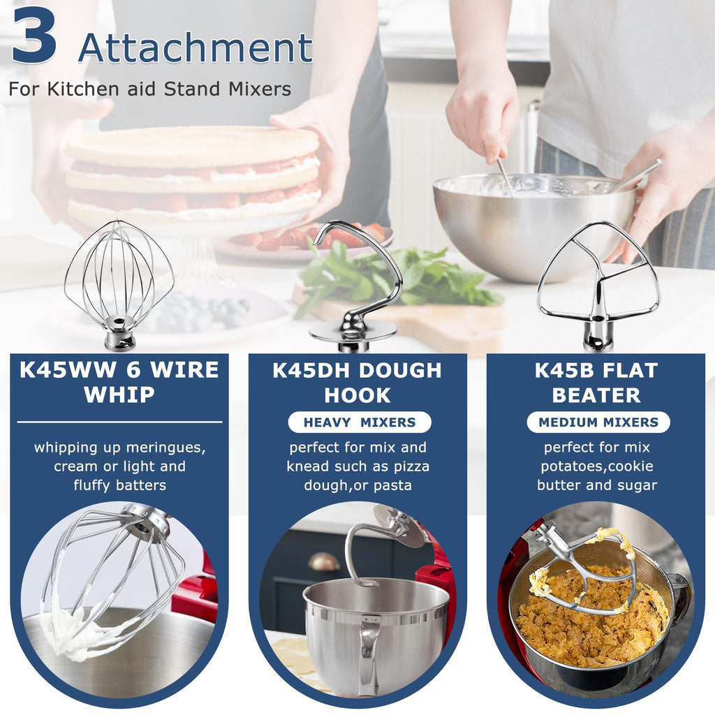 Stainless Steel Mixer Attachments for Kitchen Aid 4.5-5 QT Tilt-Head,3-Piece Heavy Duty Metal Accessories,K45WW Wire Whisk,K45DH Dough Hook,K45B Flat Beater Paddle (NO Coating to Peel) by TOMOON