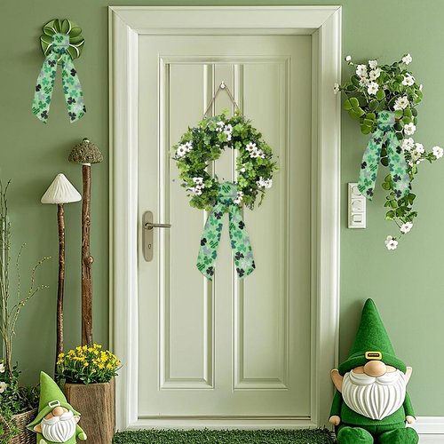 2Pcs St Patricks' Day Wreath Sash Green Shamrock Bow Front Door Spring Holiday Irish Clover Tree Sash for Wreath Front Saint Patrick's Day Decorations Supplies (55'' x 4.7'')