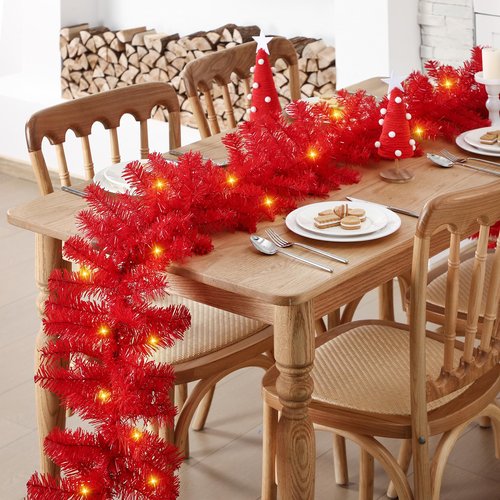 Jutom 13.2 ft Valentine's Garlands with 16.4 ft LED Lights Artificial Garland Romantic Pine Valentine Garland Decoration for Stairs Fireplace Mantel Front Door Porch Holiday Party(Red)