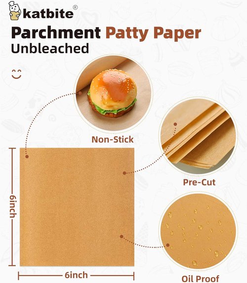 Katbite 300 Pcs Burger Patty Paper - Heavy Duty Non-Stick Unbleached Parchment Sheets | 6x6 Inches
