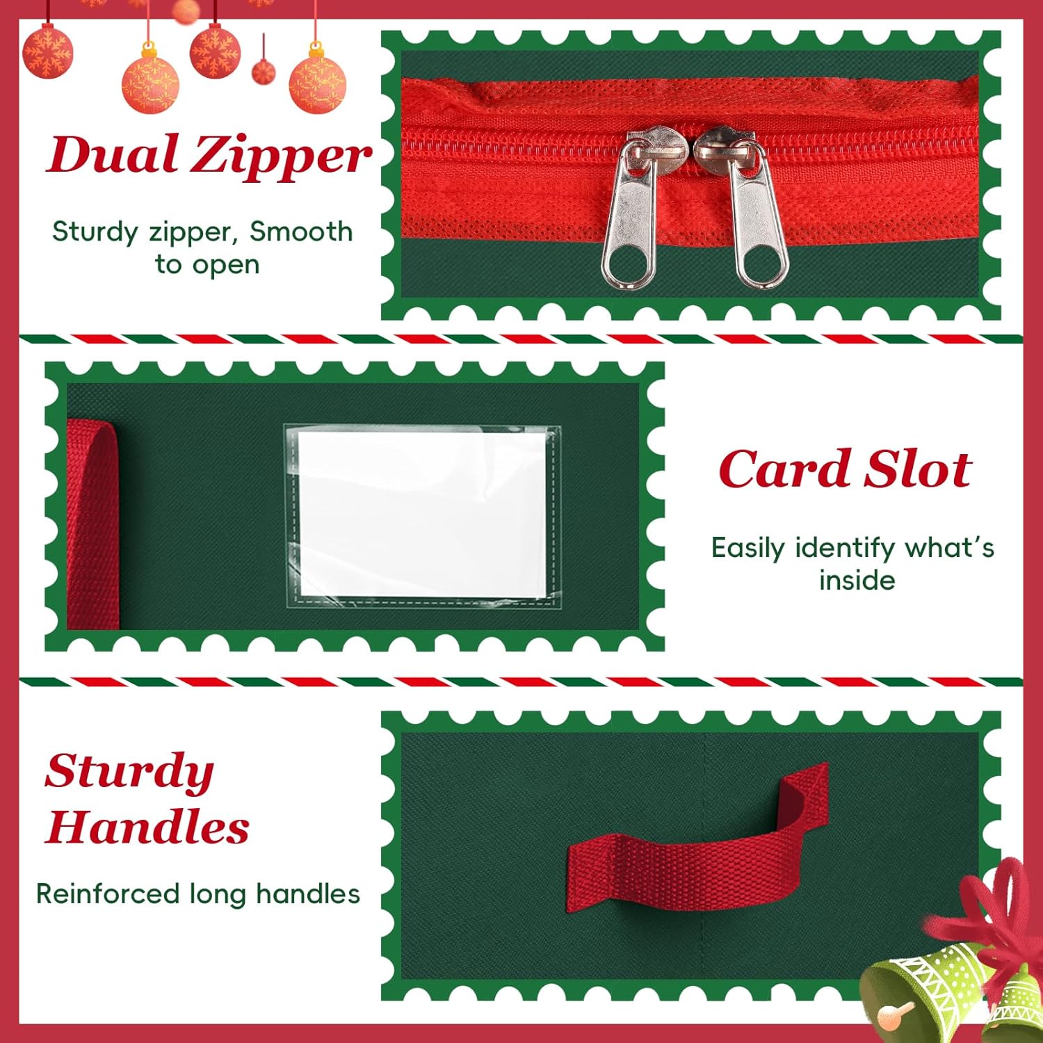SeasonBliss Christmas Ornament Storage Box - Holds 128 Ornaments | Large, Sturdy Organizer with Adjustable Dividers & Zipper, Green