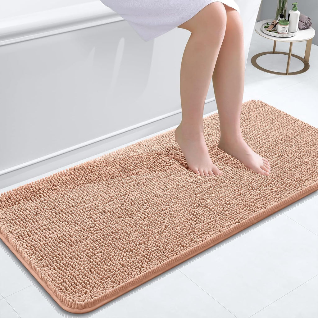 OLANLY Bathroom Runner Rugs - Extra Soft Chenille Bath Mats | Quick-Dry, Machine Washable, 47x20, Peach