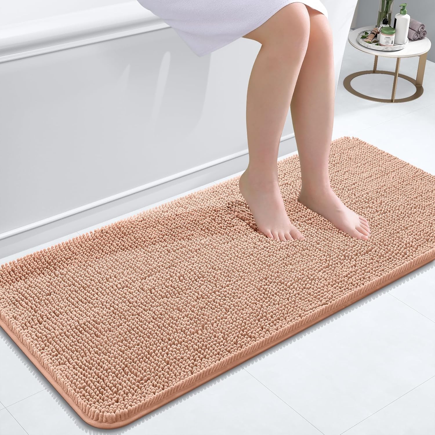 OLANLY Bathroom Runner Rugs - Extra Soft Chenille Bath Mats | Quick-Dry, Machine Washable, 47x20, Peach