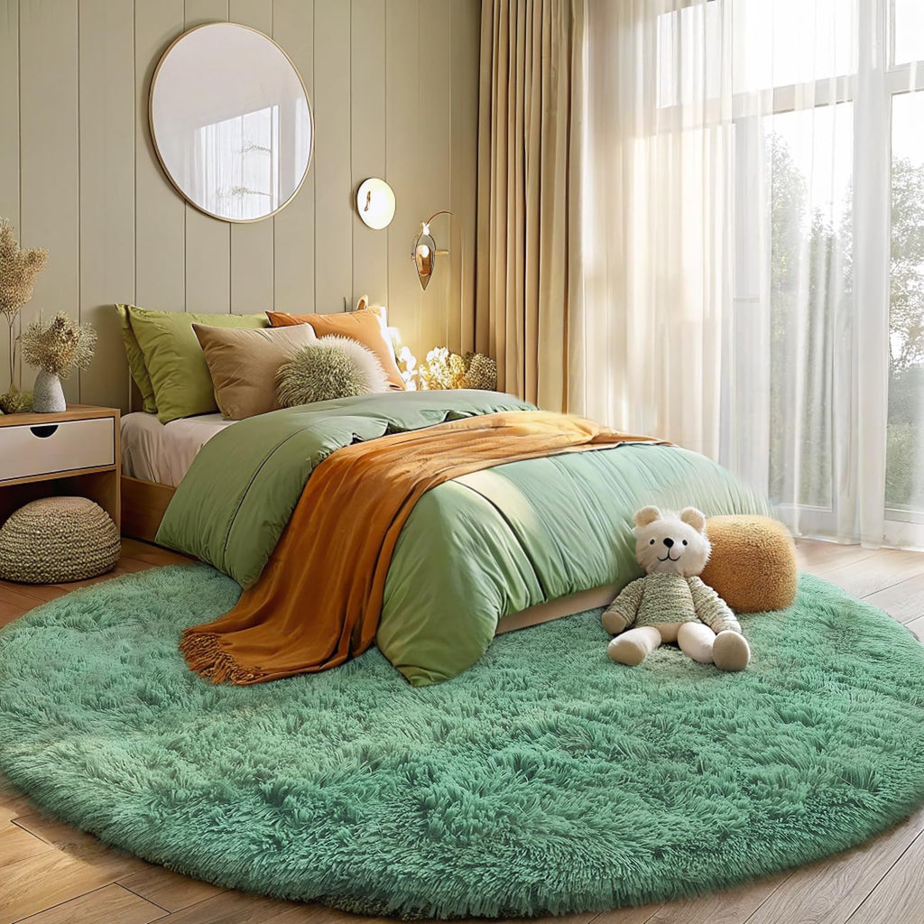 OLANLY Mint Green Round Rug - Soft, Fluffy Shaggy Carpet | 6 ft Machine Washable Area Rug for Bedroom & Living Room