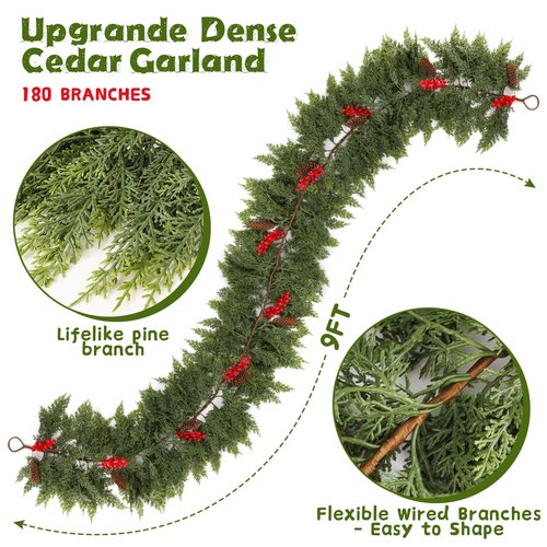 9FT Prelit Christmas Garland, Realistic Green Pine Garland with Lights Battery Operated for Mantle Stairs Railing Fireplace Table Indoor Xmas Decor