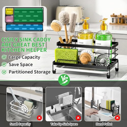 Cisily Large Black Sponge Holder - Rustproof Kitchen Sink Organizer with Drip Tray & Non-Slip Design
