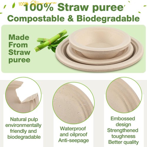 Havawish 300 Pcs Compostable Paper Plates and Bowls Set 7 Inch 9 Inch Disposable Plate 12oz Biodegradable Bowls for 100 Guests Party Dinner Party Supplies Bulk