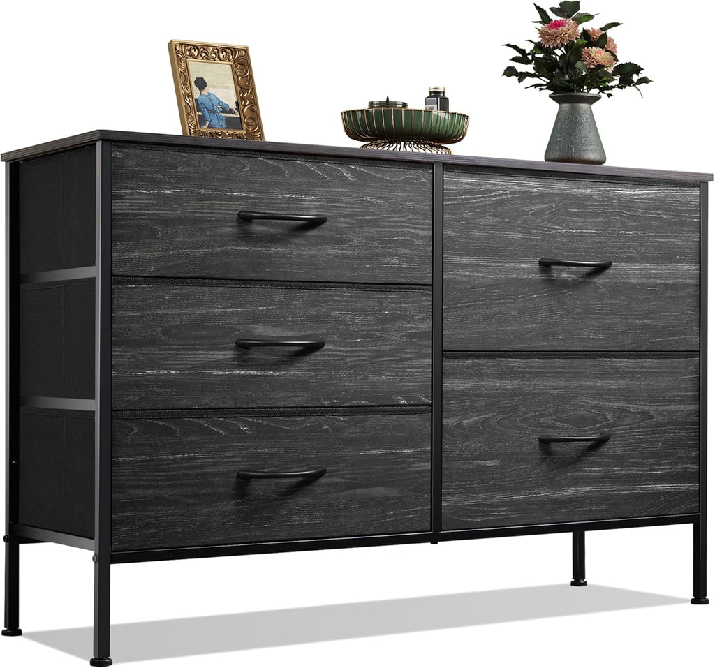 WLIVE Dresser - 5 Drawer Chest for Bedroom | Stylish Fabric Organizer in Charcoal Black Wood Grain