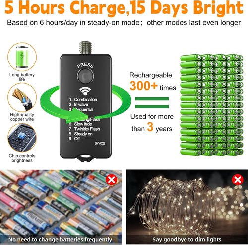 HXWEIYE 300L Curtain Lights - 100 LED Rechargeable Outdoor Fairy Lights with Remote & Timer Bundle
