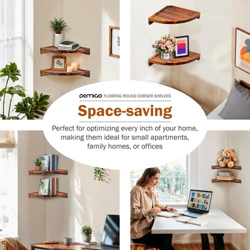 Demigo Floating Round Corner Shelves for Wall 2pcs - Acacia Wood Wall-Mounted Storage Shelves for Home Decor, Space Saving Displays for Living Room, Kitchen, Office, and Bedroom (Natural Brown)