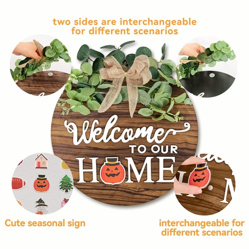 Pinkpum Double Sides Interchangeable Welcome Sign Front Door Decor with 20 Seasonal Icons 2 in 1 Round Wood Wreaths Gifts House Outdoor Indoor Home Decorations All Seasons