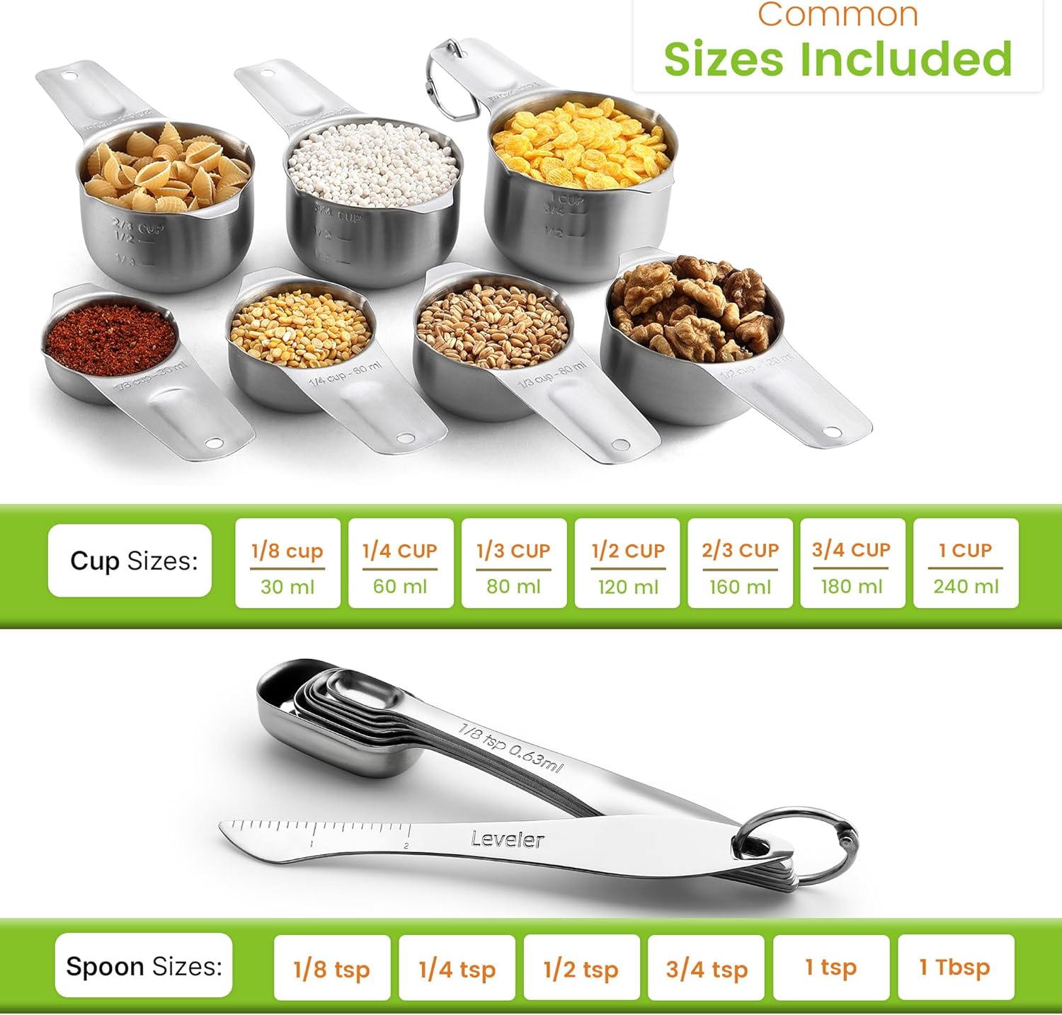 Spring Chef Stainless Steel Measuring Cups & Spoons Set - 14-Piece Nesting Kitchen Tools for Accurate Cooking & Baking