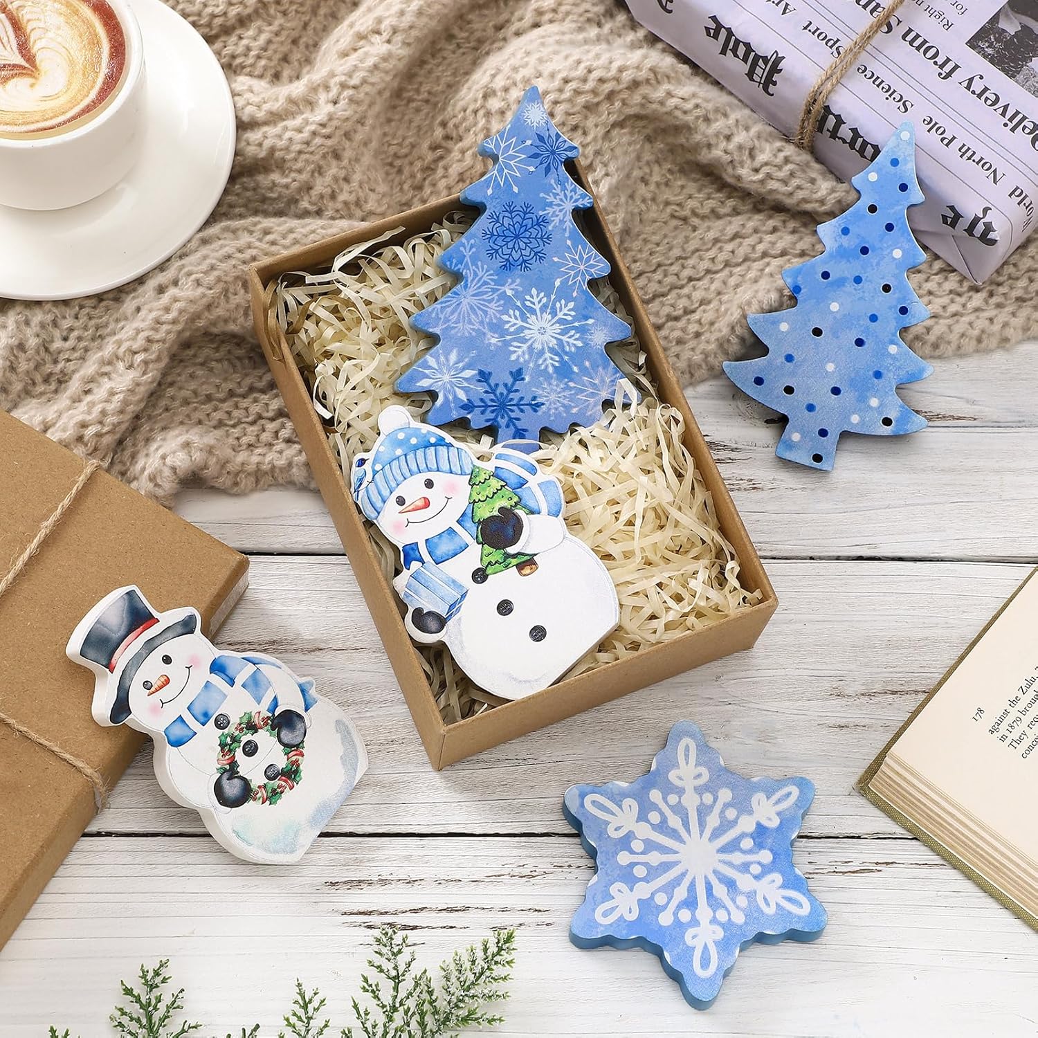 Threehoney Winter Snowman Decor - 5 Pcs Cute Blue Snowflake Table Centerpieces for Home & Office