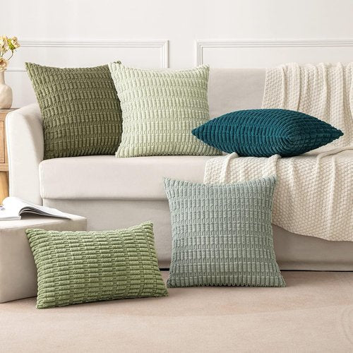 MIULEE Decorative Throw Pillow Covers - Soft Boho Striped Corduroy | 18x18 Inch Sage Green, Pack of 2