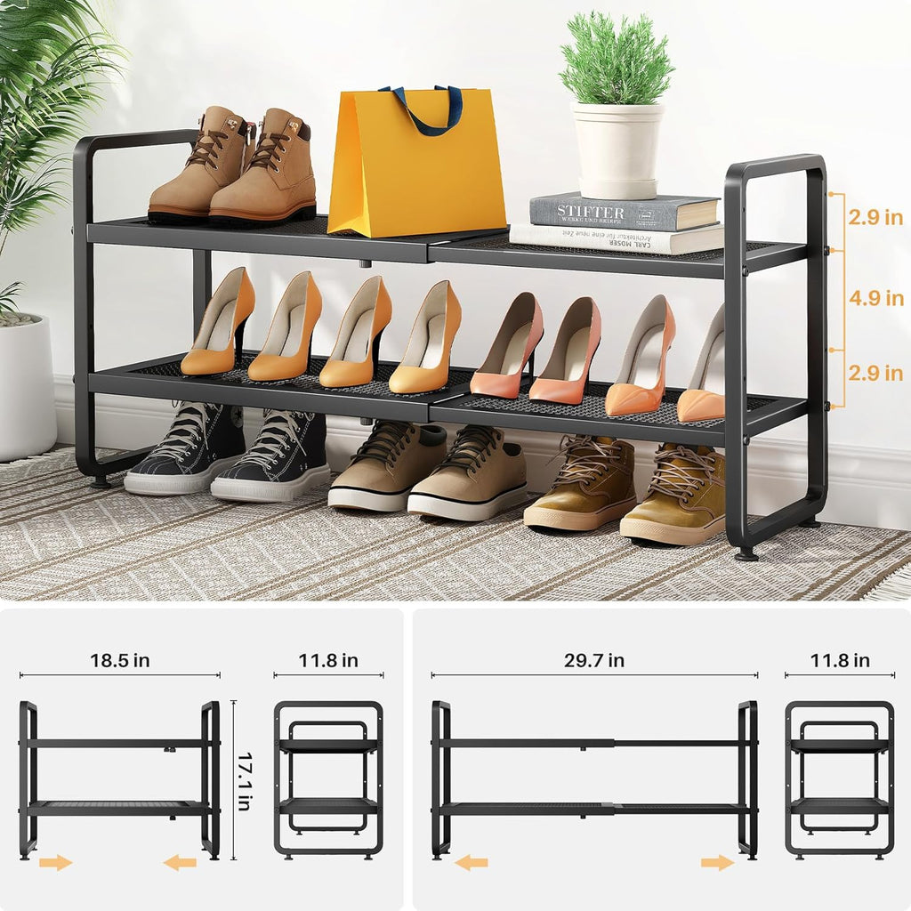 SNTD Shoe Rack - Expandable Shoe Organizer with Adjustable Metal Shelves | Stackable 2-Tier Design in Black