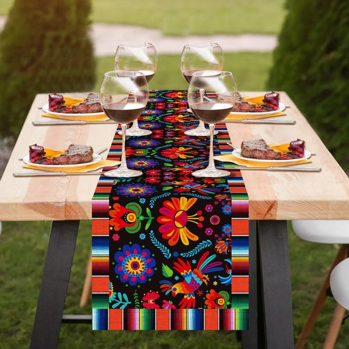 Linen Mexican Fiesta Table Runner 24 Pack Decoration 72×13in Long De Mayo Farmhouse Runner Dia De Los Muertos Runners Kitchen Dining Home Table Decoration Day of The Dead Decor and Supplies