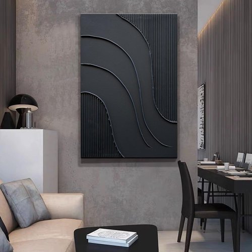 NANKAI Hand-Painted Black Minimalist Oil Painting - Thick Texture 24x36 Inch Abstract Wall Art