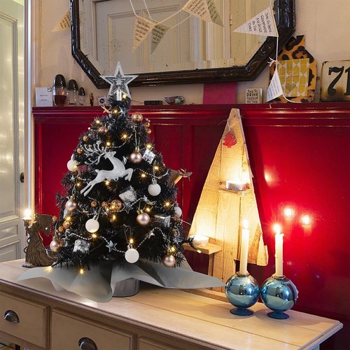 Juegoal 24-Inch Black Mini Christmas Tree - Lighted Tabletop Pine with 50 LED Lights & Timer for Holiday Decor