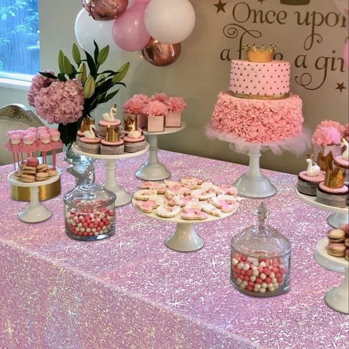 APUXXJUPA Pink Glitter Table Cloth, 4 Pack Light Pink Tablecloths for Girls Young Lady Birthday Party Supplies Bridal Wedding Decorations, 51 x 86 in