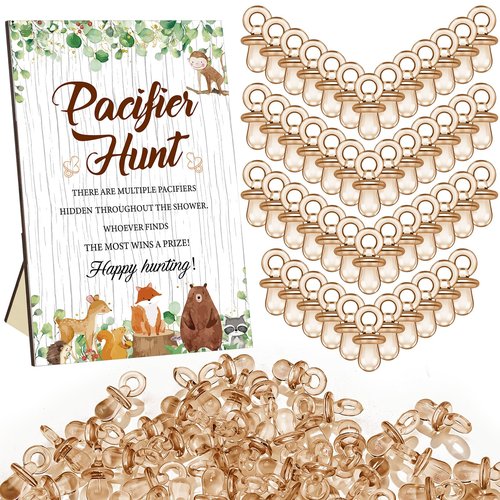 Thyle 51 Pcs Woodland Animals Pacifier Hunt Baby Shower Games Forest Animal Baby Shower Game Decoration Include Hunt Sign and Acrylic Pacifiers Woodland Themed Gift Sets for Gender Reveal Party Decor