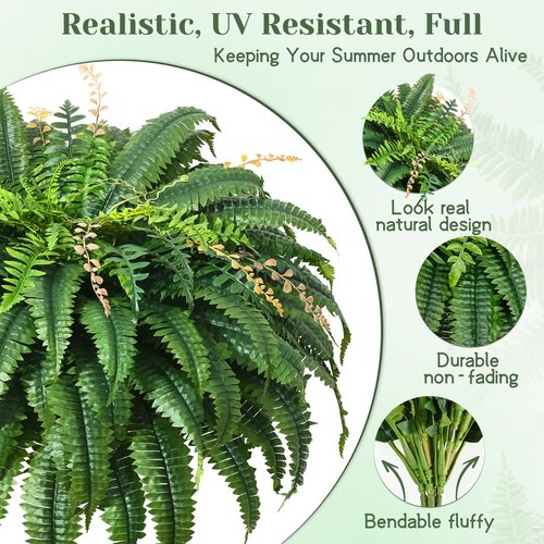 MARTINE MALL 2Pcs 48''/128 Leaves Artificial Ferns for Outdoors Look Real Fake Ferns, Large Faux Boston Ferns for Outdoor Planter Realistic UV Resistant Artificial Fake Plants for Porch Patio Hanging