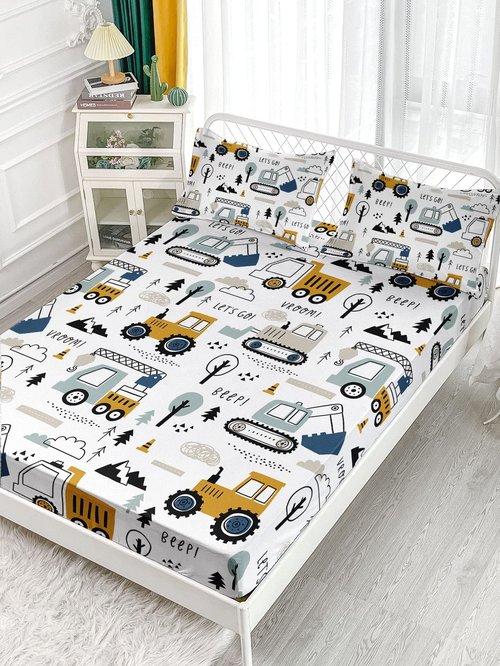Datura home Woodland Construction Sheets Set 4Pcs for Kids,Cartoon Excavator Truck Lifter Print Sheet Set with 1 Flat Sheet and 1 Fitted Sheet + 2 Pillowcases(Woodland Construction Full)
