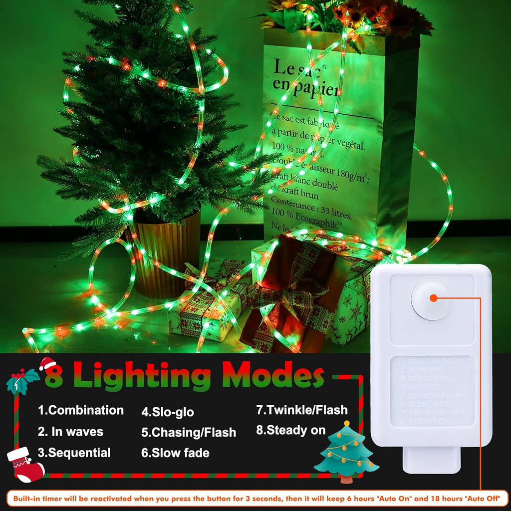 Skiennix 50ft LED Rope Lights - Waterproof Connectable Tube Lights with 8 Modes | Red & Green for Indoor/Outdoor Decor