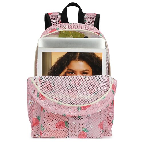 Xunteny Strawberry Mesh Backpack for Girls Women, Semi-Transparent Kids School Backpack College Bookbag for Beach Gym Travel
