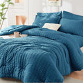 HYMOKEGE Twin Comforter Set - Teal Seersucker 5-Piece Luxury Bedding Set | All-Season Comforter, Sheets & Pillowcase