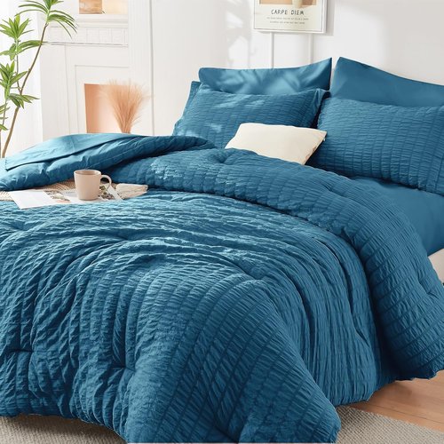 HYMOKEGE Twin Comforter Set - Teal Seersucker 5-Piece Luxury Bedding Set | All-Season Comforter, Sheets & Pillowcase