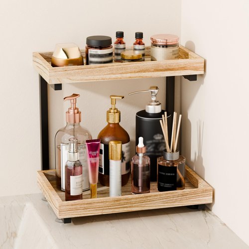 2-Tier Wooden Bathroom Countertop Organization, Vanity Organizers and Storage for Makeup, Perfume & Skincare, Anti-Slip Counter shelf with Embedded Screw Holes for Bathroom, Kitchen (Light Brown)